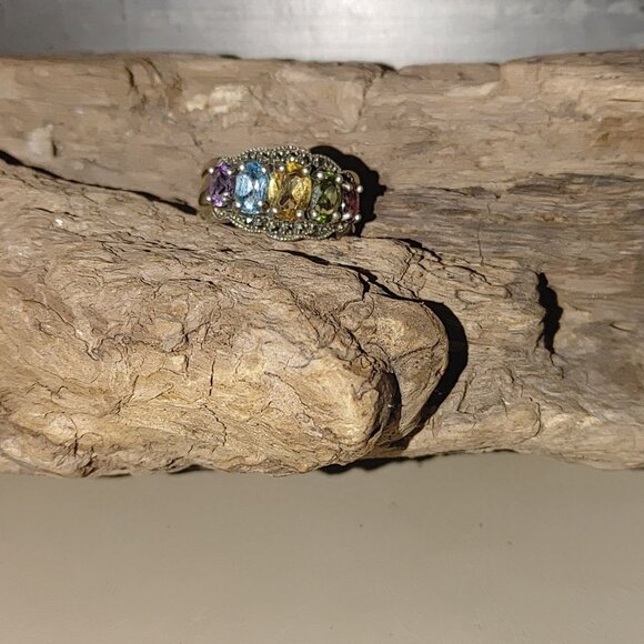 Vintage Marcasite Sterling Silver 925 Ring Prong Multi Colored Gemstones Stamped - Picture 10 of 11